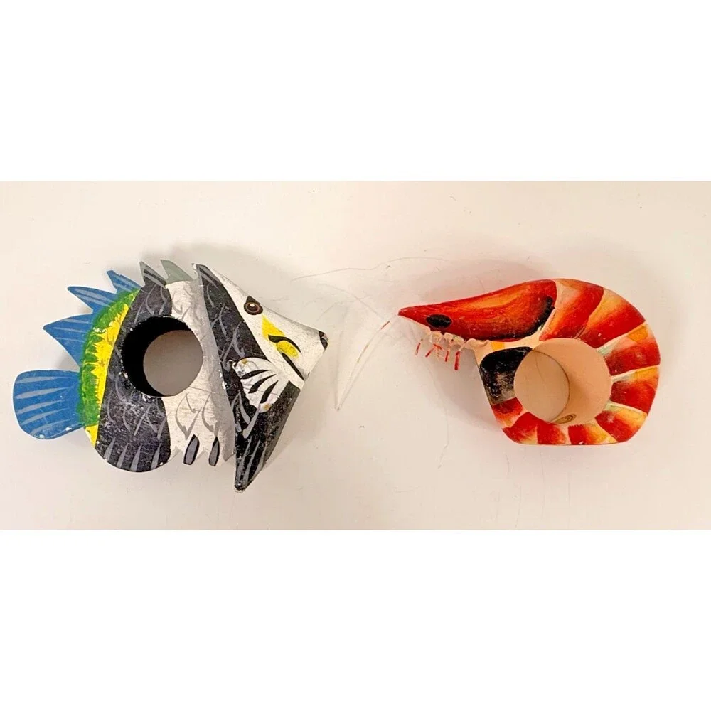 Folk Art Sea Life Vtg Napkin Rings Wooden Figure Colorful Painted Lot Of 2